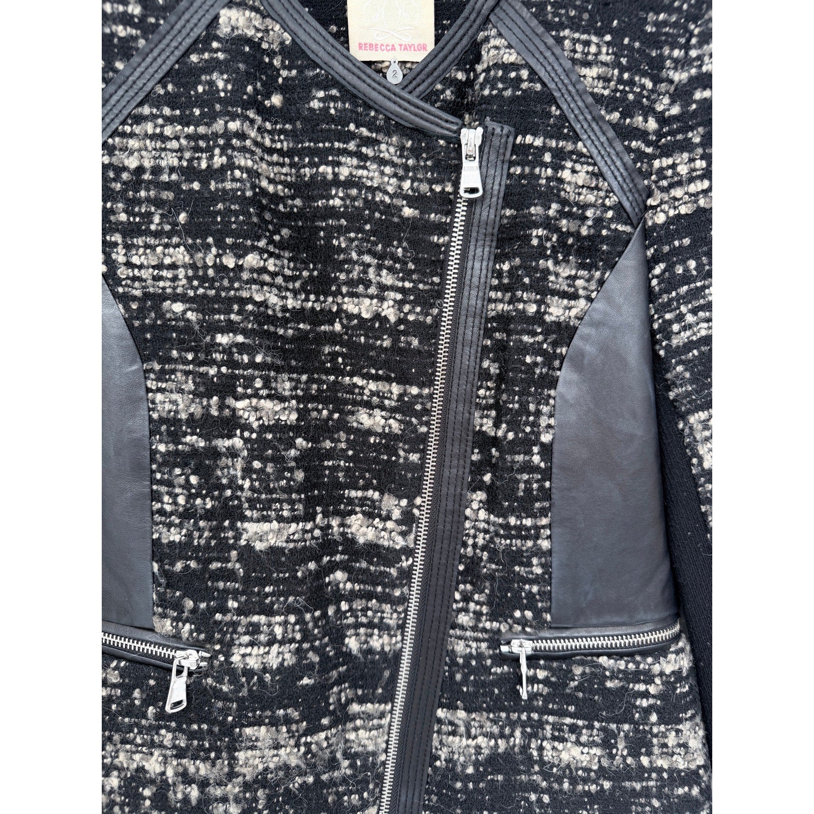 Rebecca Taylor Tweed Moto Jacket Womens 6 Black White Zip Up