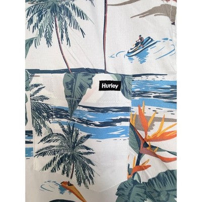 Hurley Hawaiian Shirt Mens Large White Tropical Palm Tree Short Sleeve Button Up - product photo 5