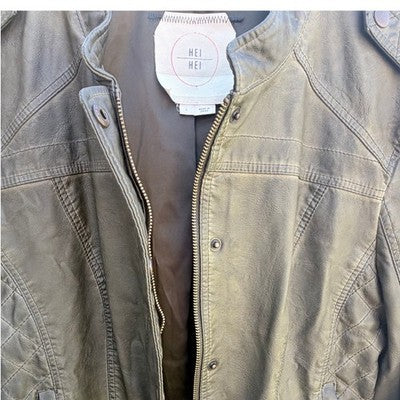 Hei Hei Womens Faux Leather Moto Jacket Olive Green Snap Front - product photo 5
