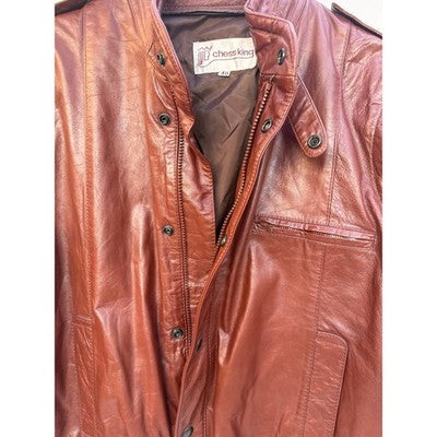 Chess King Leather Bomber Jacket Mens 40 Brown Vintage Snap Front Cafe Racer - product photo 4
