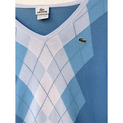 Lacoste Mens Sweater Size 6 Blue Argyle V Neck Crocodile Logo Knit - product photo 4