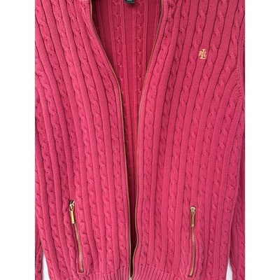 Lauren Ralph Lauren Sweater Womens Large Pink Cable Knit Full Zip Cotton - product photo 5