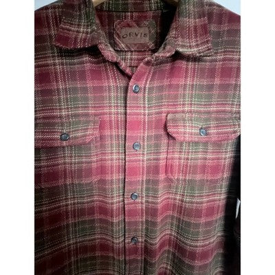 Orvis Plaid Heavyweight Flannel Shirt Mens Large Burgundy Brown Button Up - product photo 5
