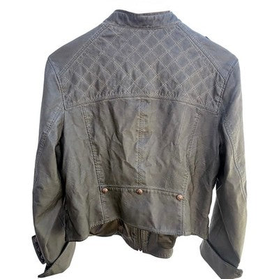 Hei Hei Womens Faux Leather Moto Jacket Olive Green Snap Front - product photo 2