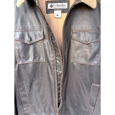 Columbia Leather Jacket Mens Large Brown Sherpa Lined Full Zip Coat - product photo 4