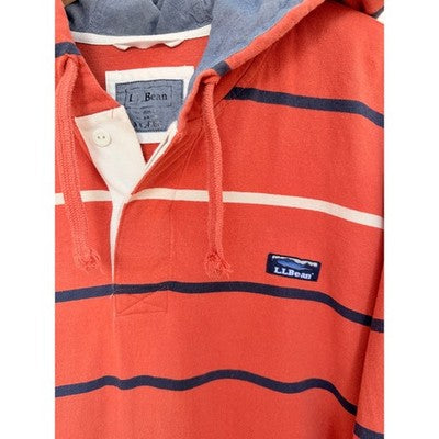 LL Bean Hoodie Mens XL Orange Striped Pullover Rugby Hooded Long Sleeve Casual - product photo 4