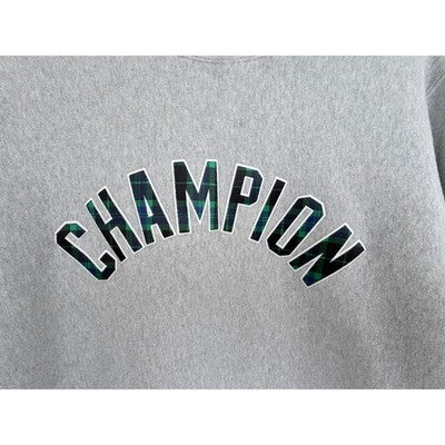 Champion Reverse Weave Crewneck Sweatshirt Mens Medium Gray Plaid Logo - product photo 4
