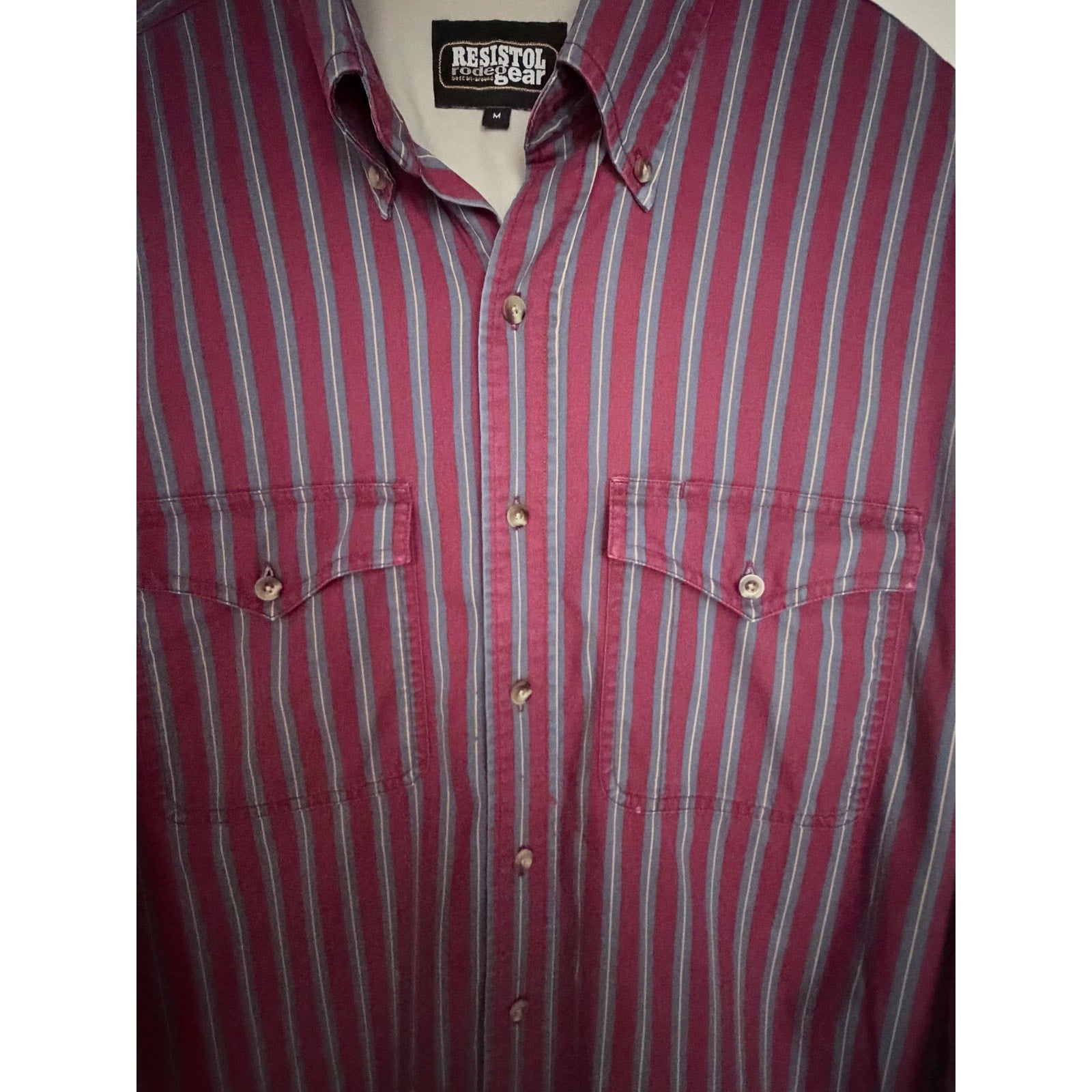 Resistol Rodeo Gear Stripe Western Shirt Mens Medium Burgundy Gray Cowboy