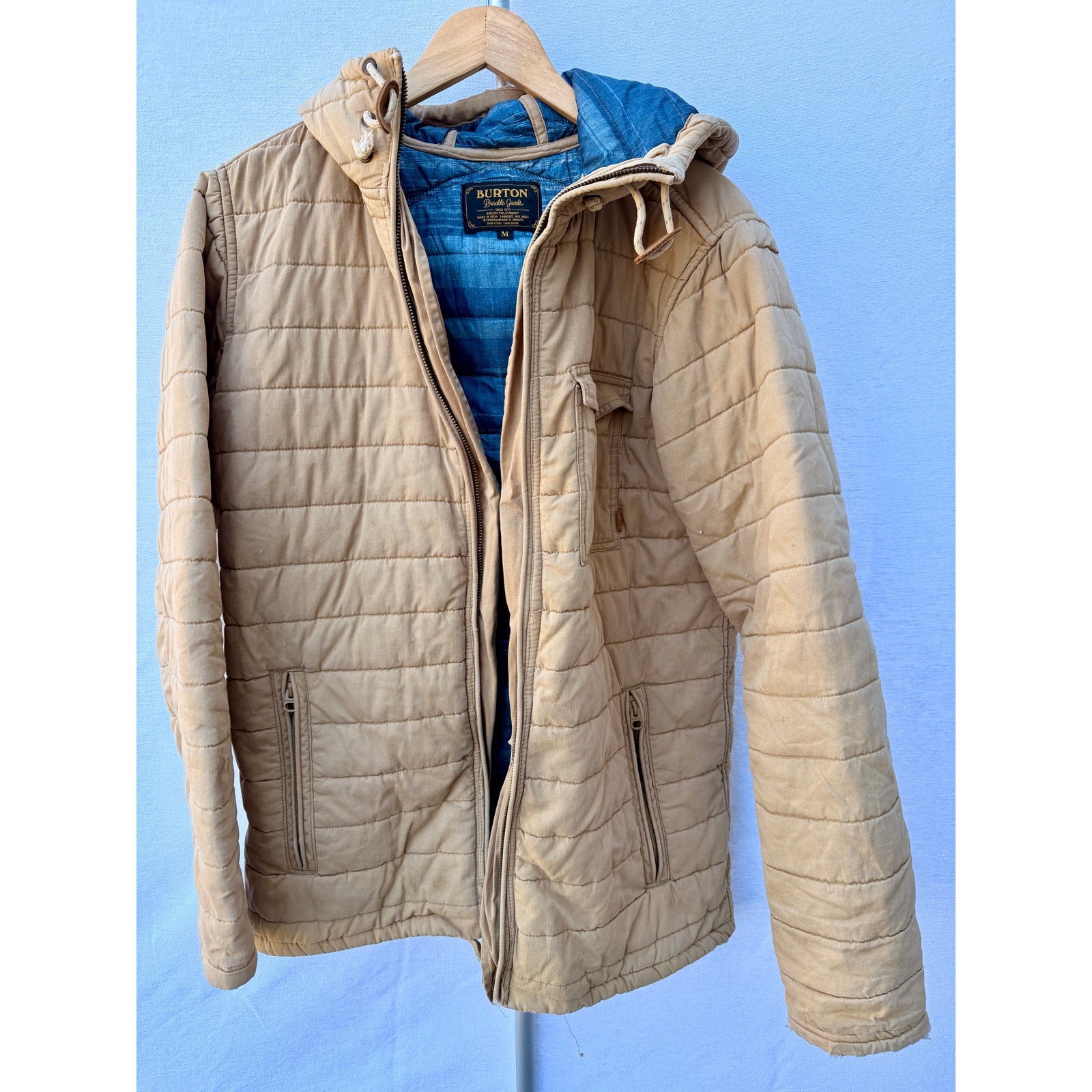 Burton Durable Goods Quilted Hooded Jacket Tan Mens Medium Full Zip