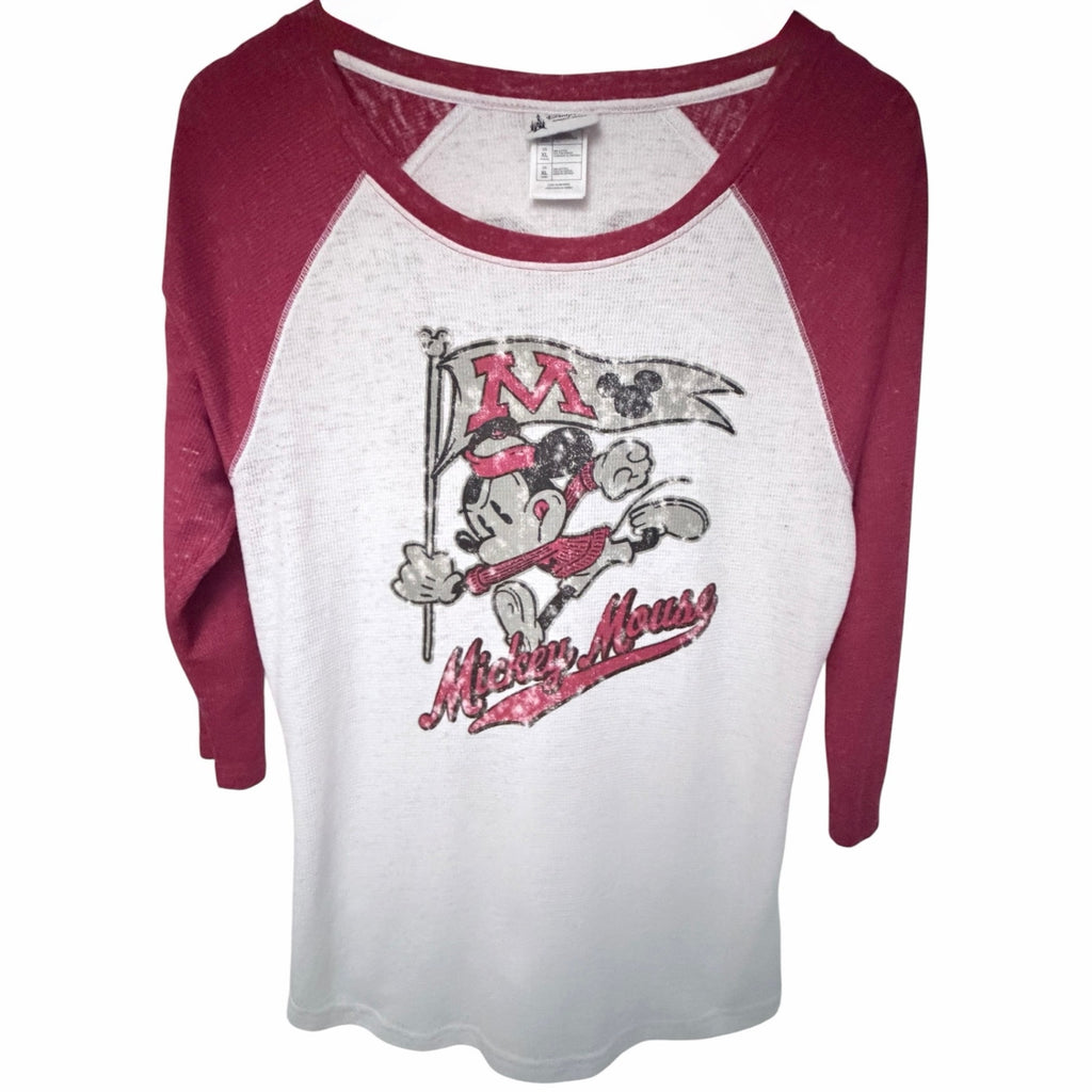 Disney Parks Mickey Mouse Raglan Thermal Shirt Women's White Red XL 3/4 Sleeve
