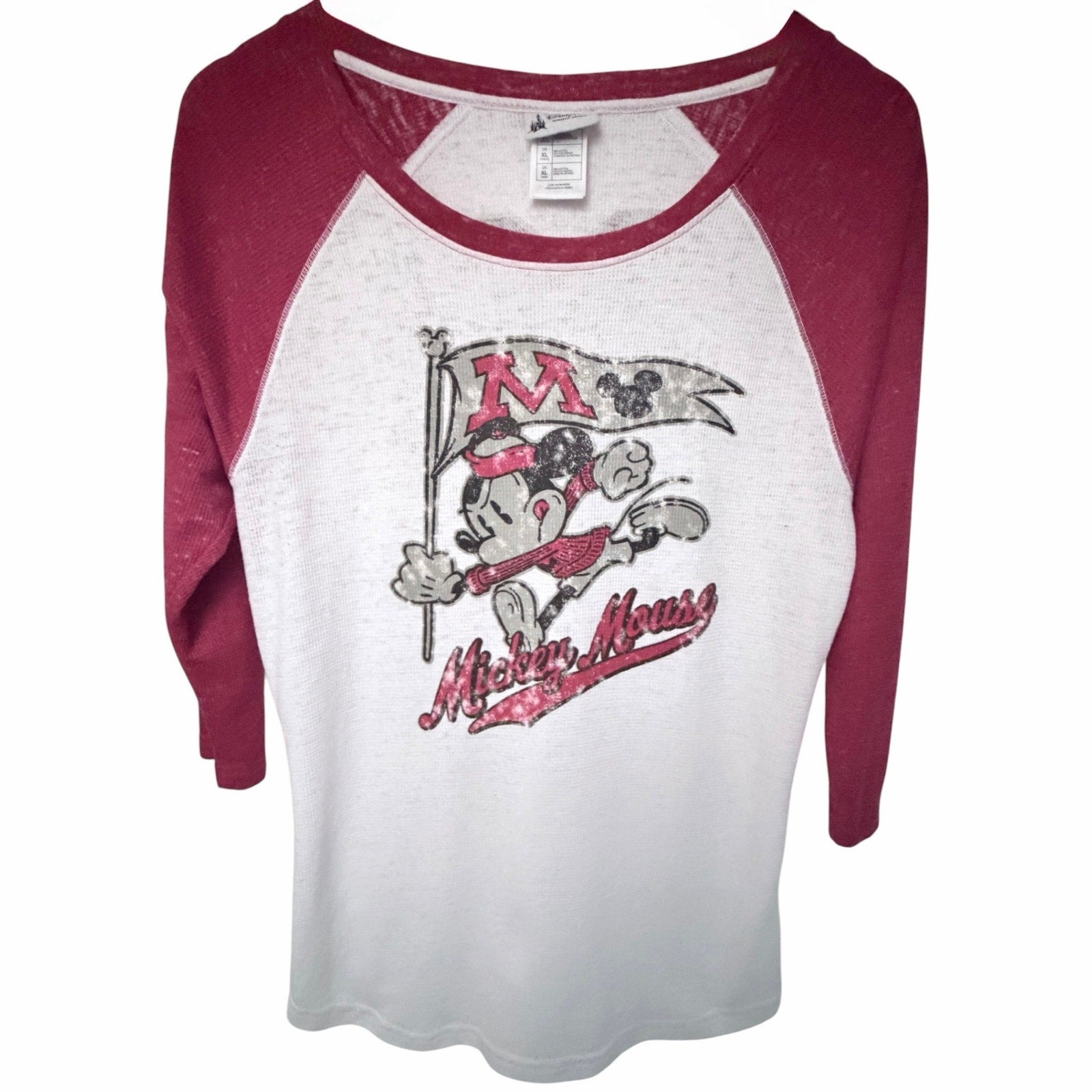Disney Parks Mickey Mouse Raglan Thermal Shirt Women's White Red XL 3/4 Sleeve