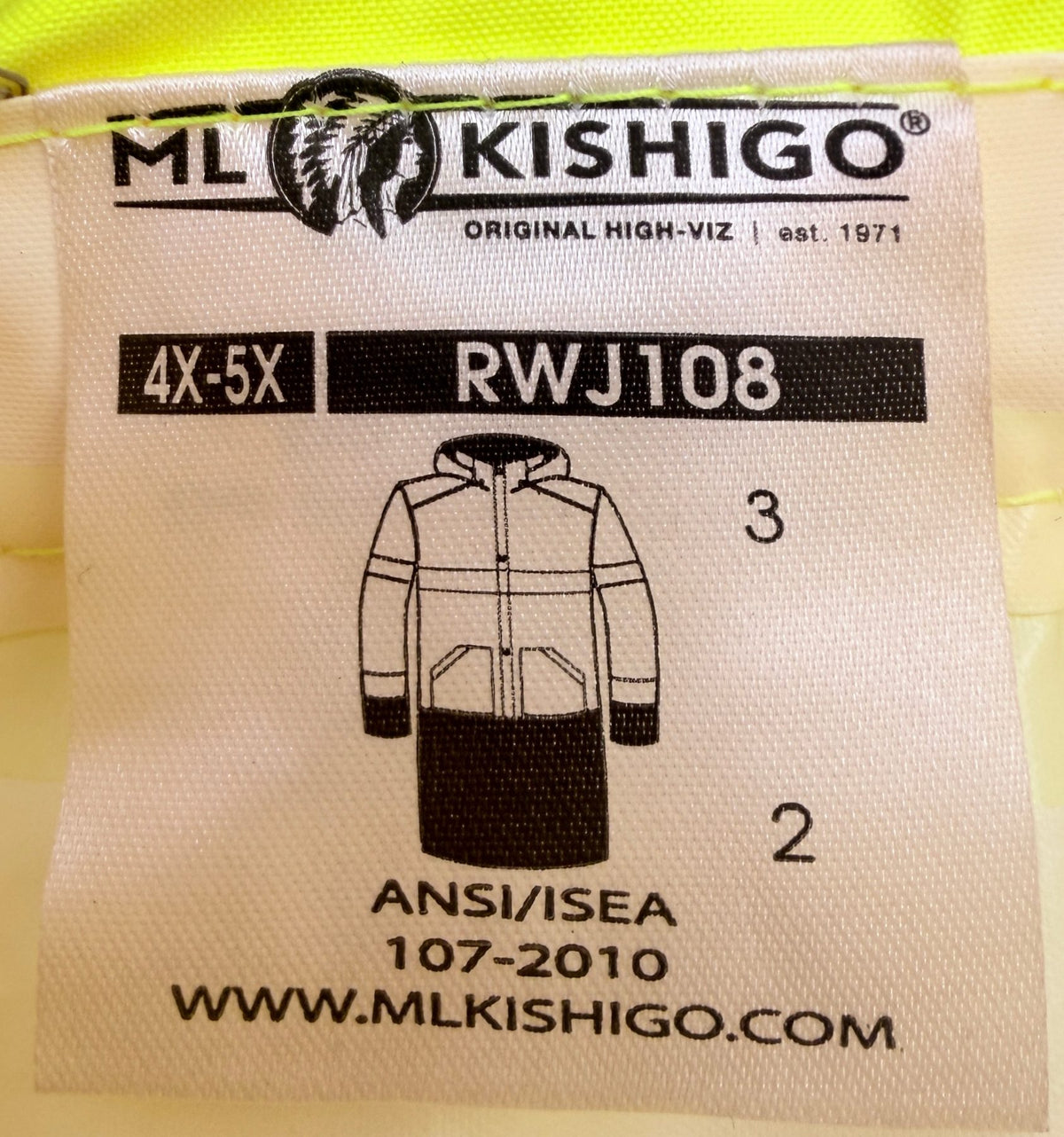ML Kishigo Men's Yellow Colorblock Coat — brand label