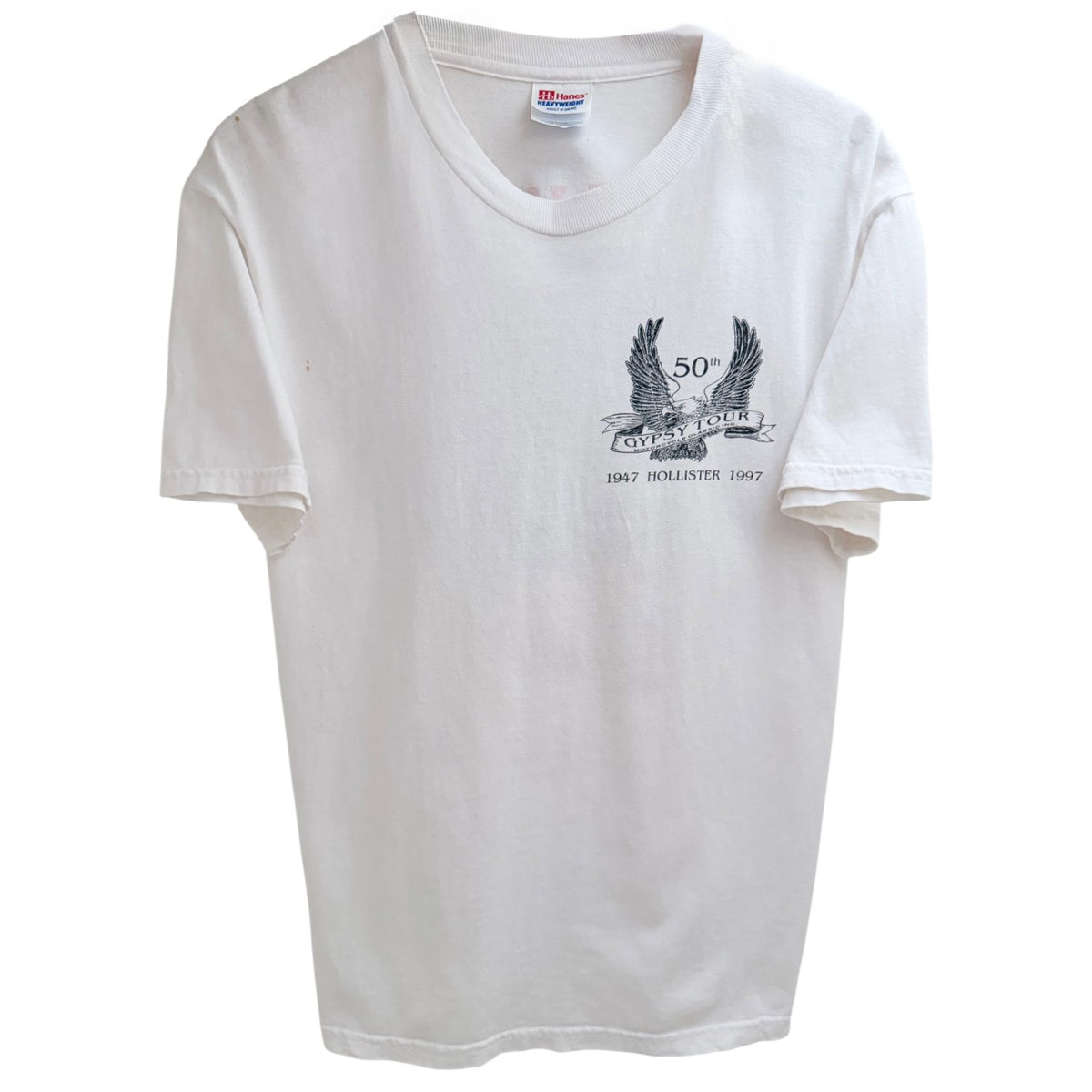 Hanes Men's White Hollister Motorcycle Classic 50th Anniversary Full-Zip Crewneck T-Shirt — back view