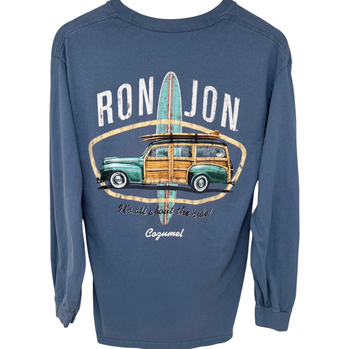 Ron Jon Surf Shop Men's Blue Cozumel – It's all about the ride! T-Shirt — back view