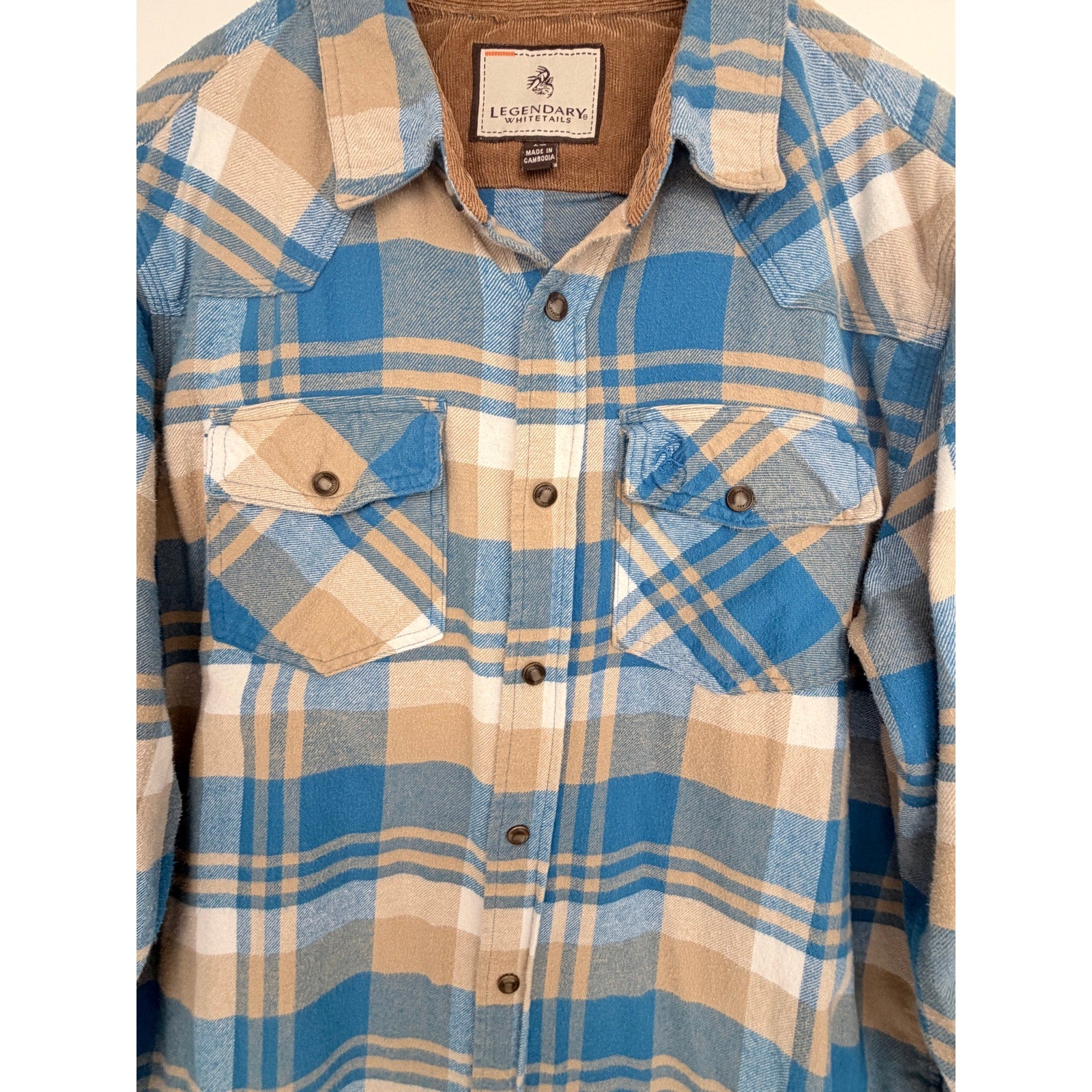 Legendary Whitetails Mens Large Blue Tan Plaid Flannel Snap Front Shirt