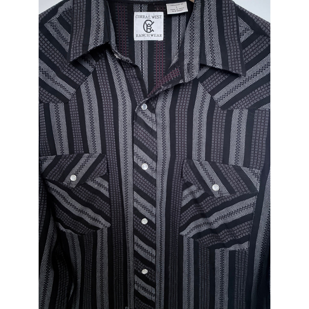 Corral West Ranchwear Western Shirt Mens Large Black Gray Pearl Snap Long Sleeve