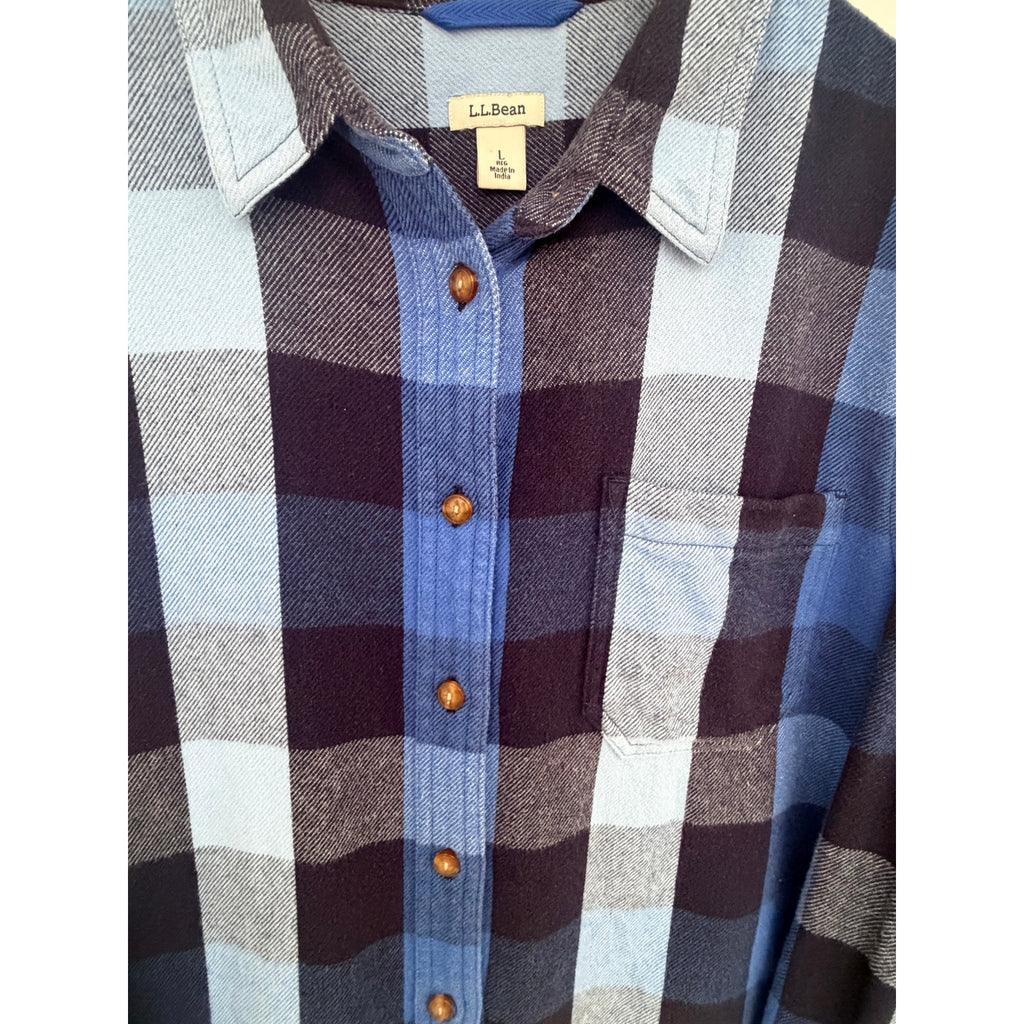 L.L.Bean Women's Blue Plaid Organic Cotton Flannel Large