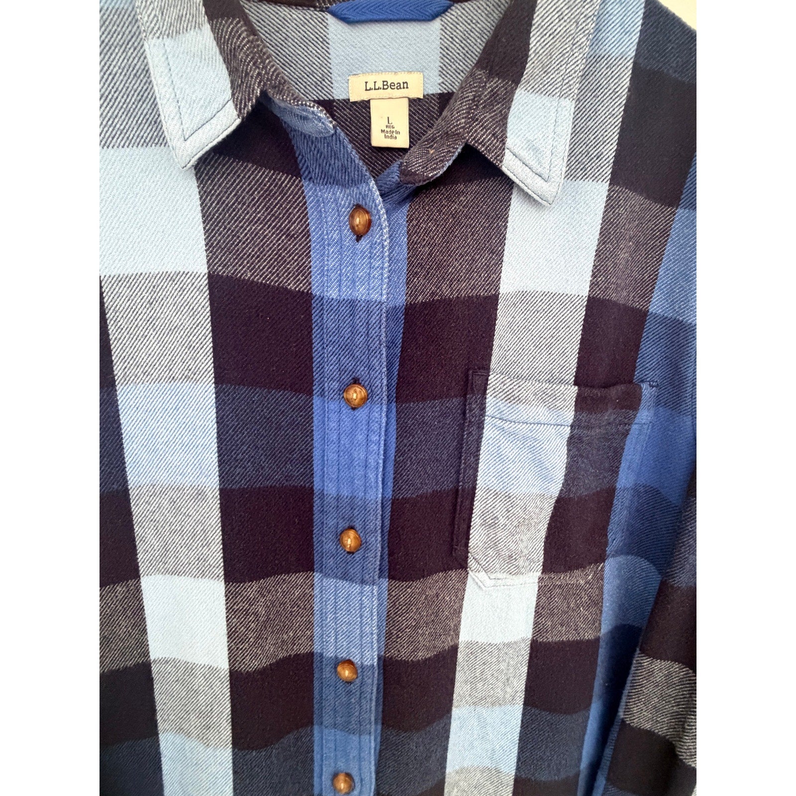 L.L.Bean Women's Blue Plaid Organic Cotton Flannel Large