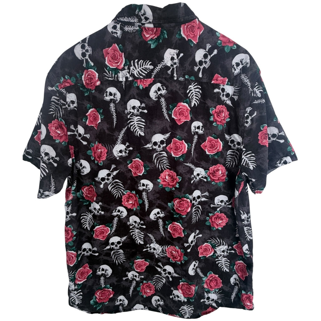 W.E.I Skull Rose Button Up Shirt Mens XL Black Gothic Punk Short Sleeve