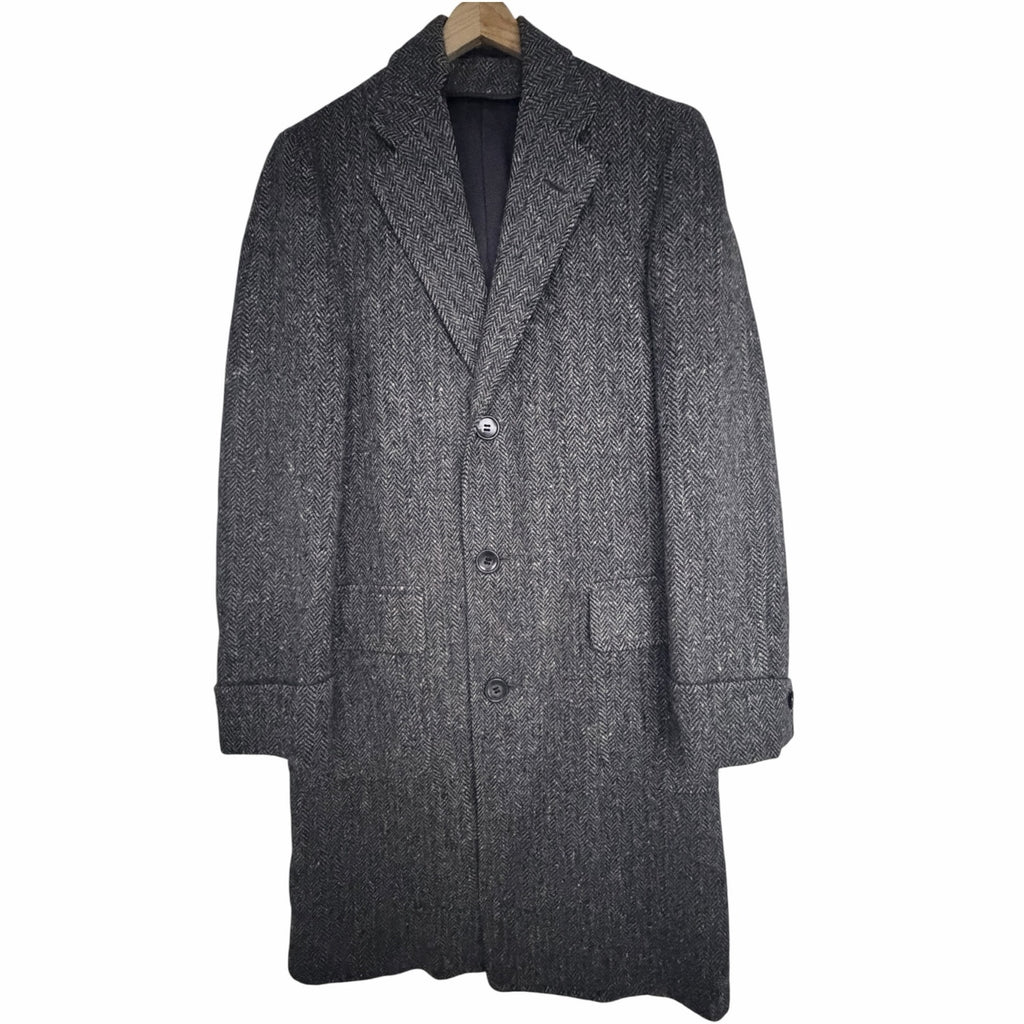 Harris Tweed Gray Herringbone Wool Overcoat