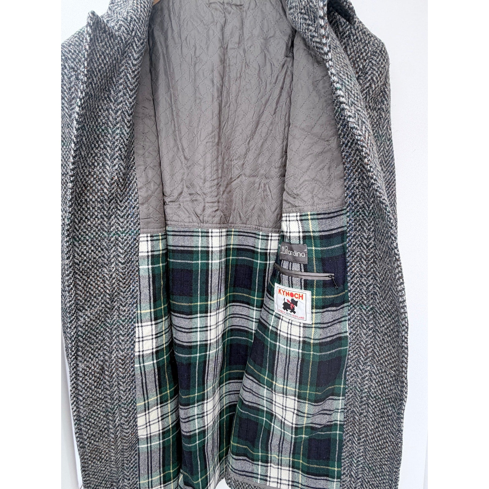 Prendina Kynoch Keith Scotland Wool Coat Mens Large Gray Herringbone Plaid