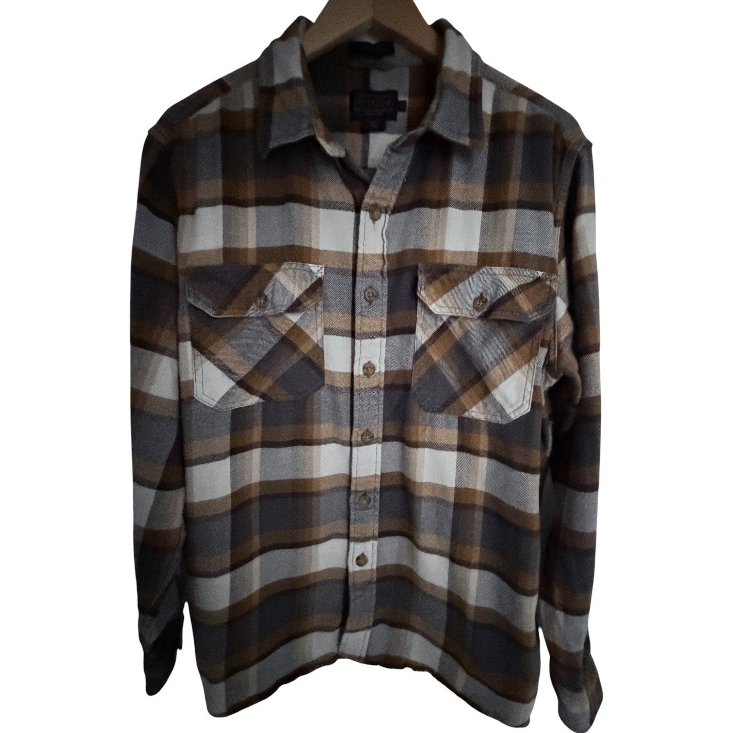 Pendleton Burnside Plaid Flannel Shirt Mens Large Brown Gray Button Up