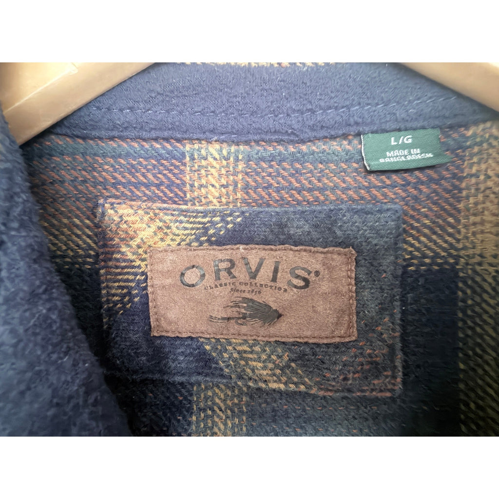 Orvis Plaid Flannel Button Front Shirt Jacket Mens Large Blue Brown