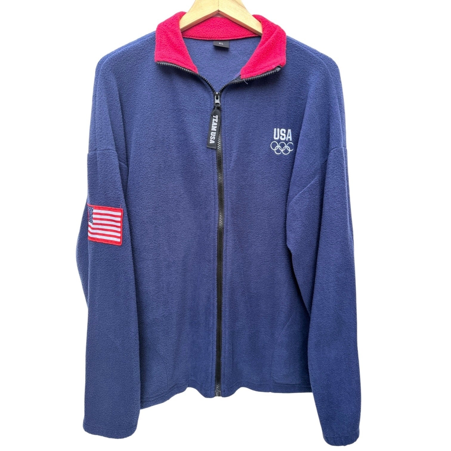 USA Olympic Fleece Jacket Mens XL Blue Red Full Zip Team USA Flag Patch