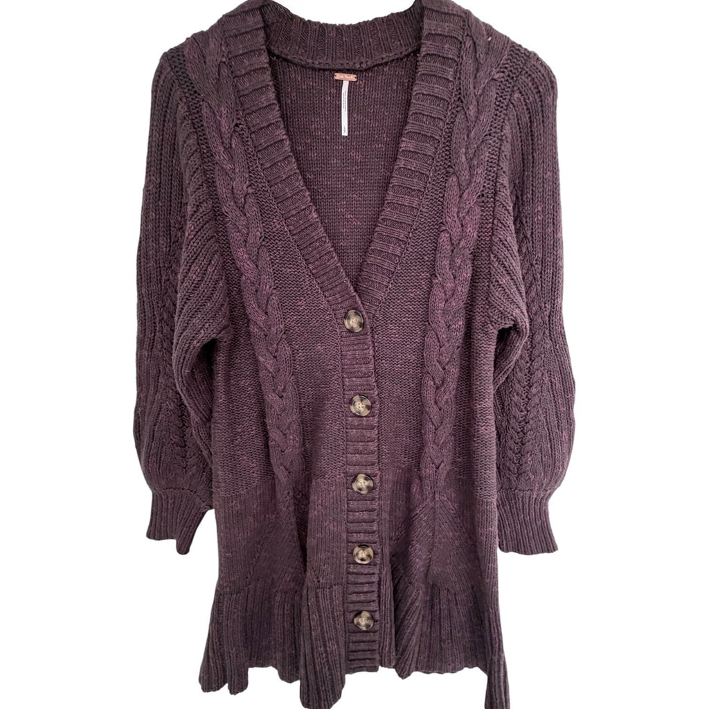 Free People Cable Knit Cardigan Womens Small Purple Chunky Button Front Sweater