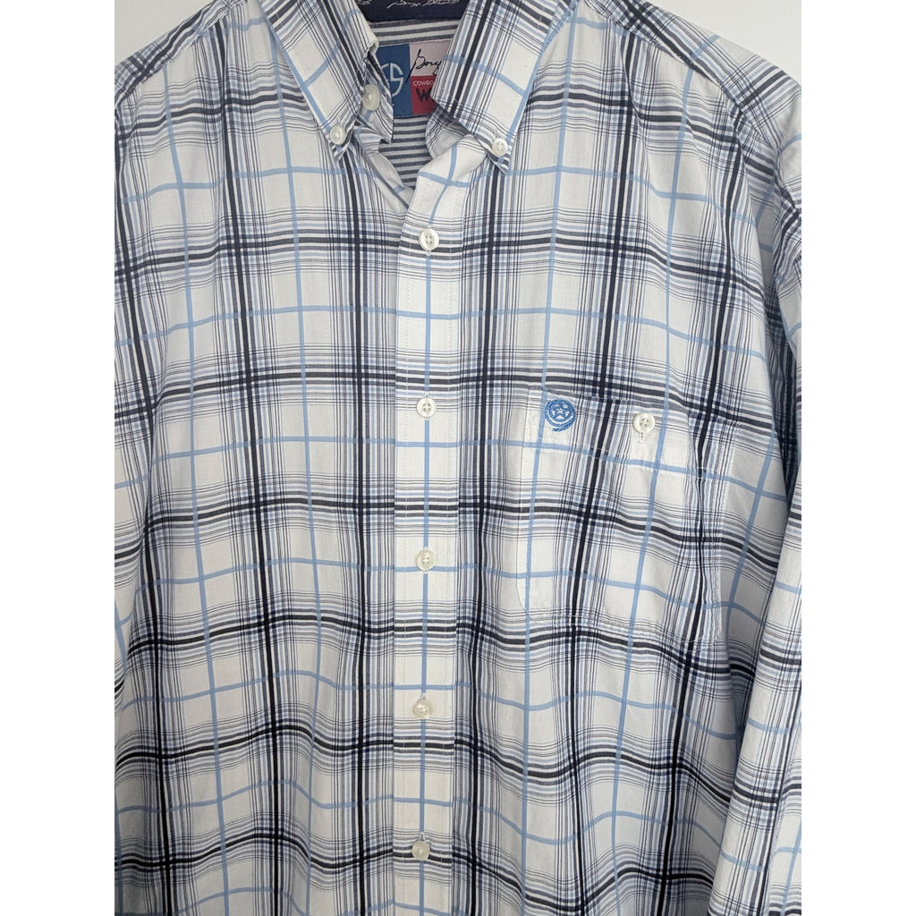 Wrangler George Strait Western Shirt Mens Large White Blue Plaid Button Up