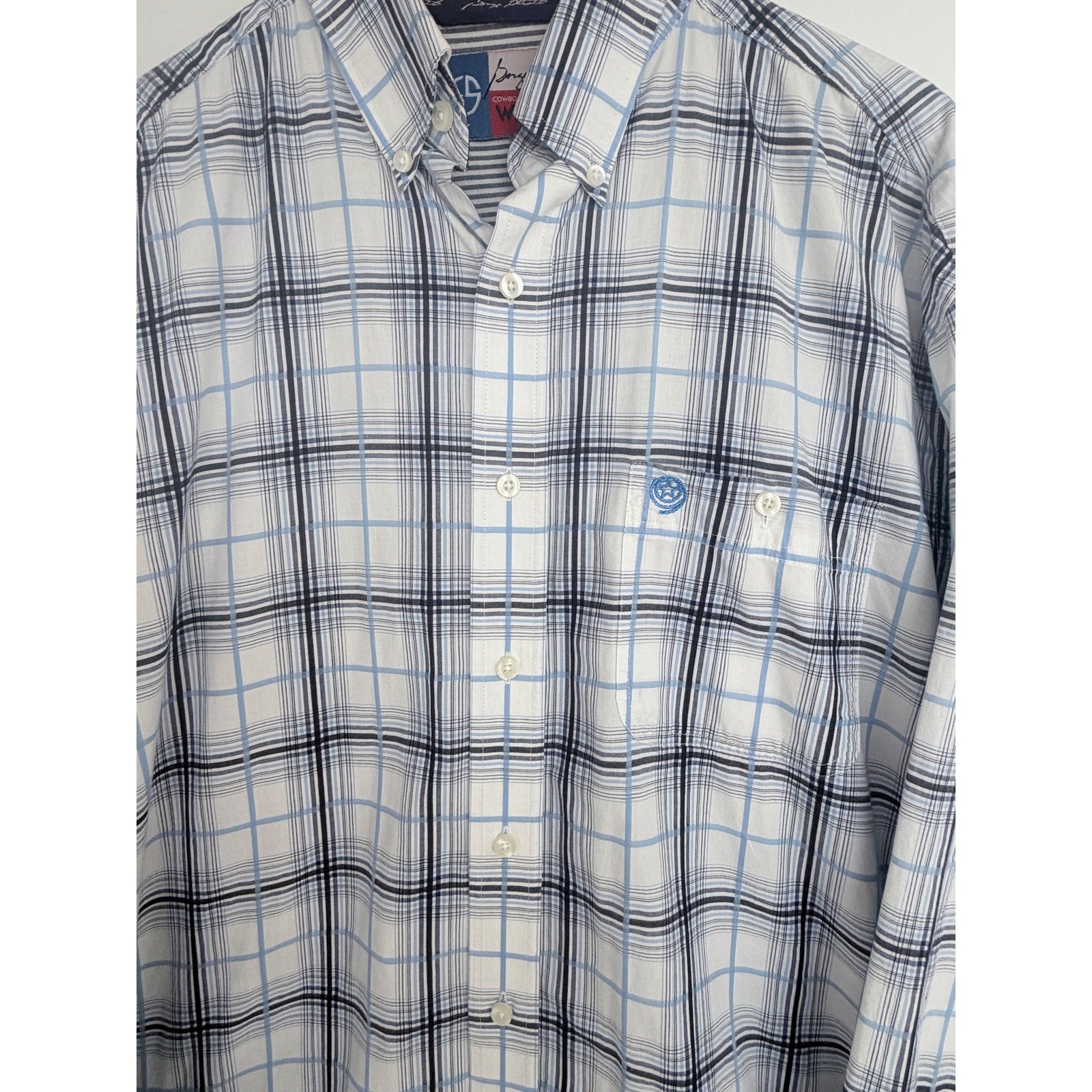 Wrangler George Strait Western Shirt Mens Large White Blue Plaid Button Up