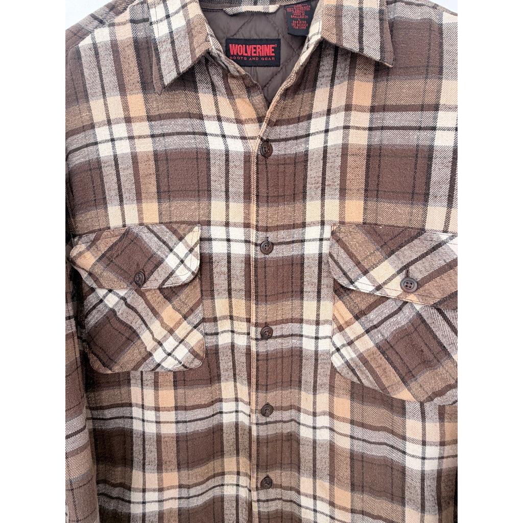 Wolverine Flannel Shirt Jacket Mens Large Brown Plaid Quilted Lined Shacket