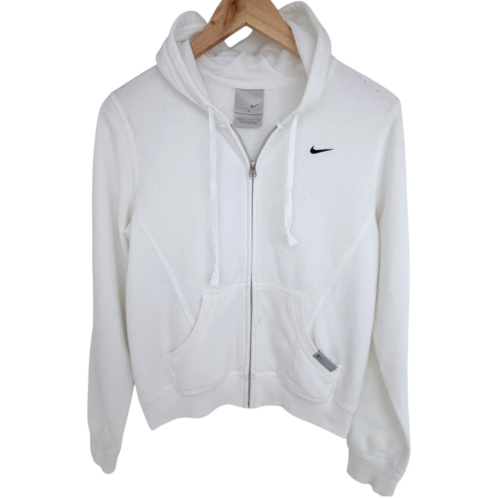 Nike Womens Medium Full Zip Hoodie White Fleece Sweatshirt Swoosh Y2K