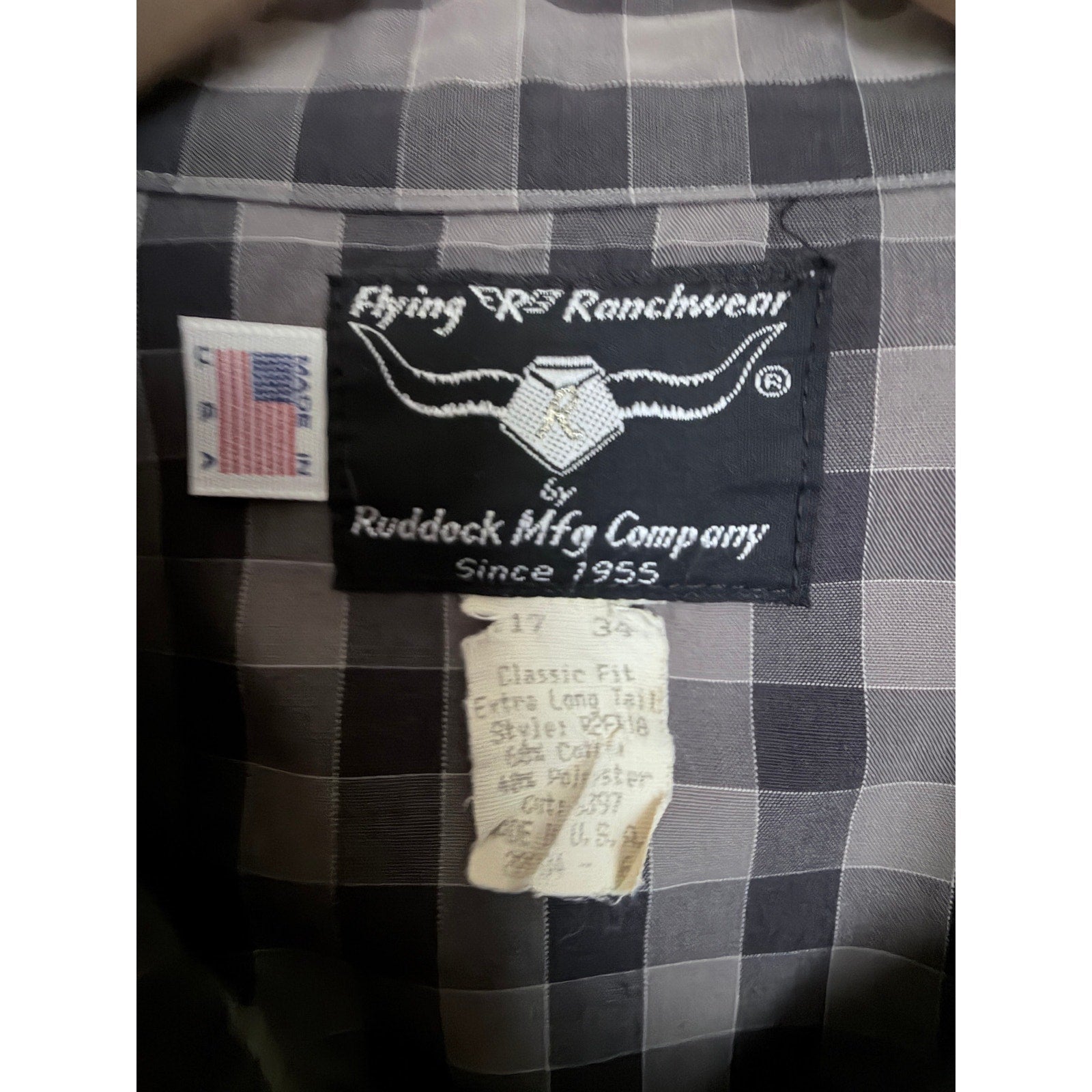 Flying R Ranchwear Ruddock Plaid Western Shirt Mens 17 34 Gray USA Made