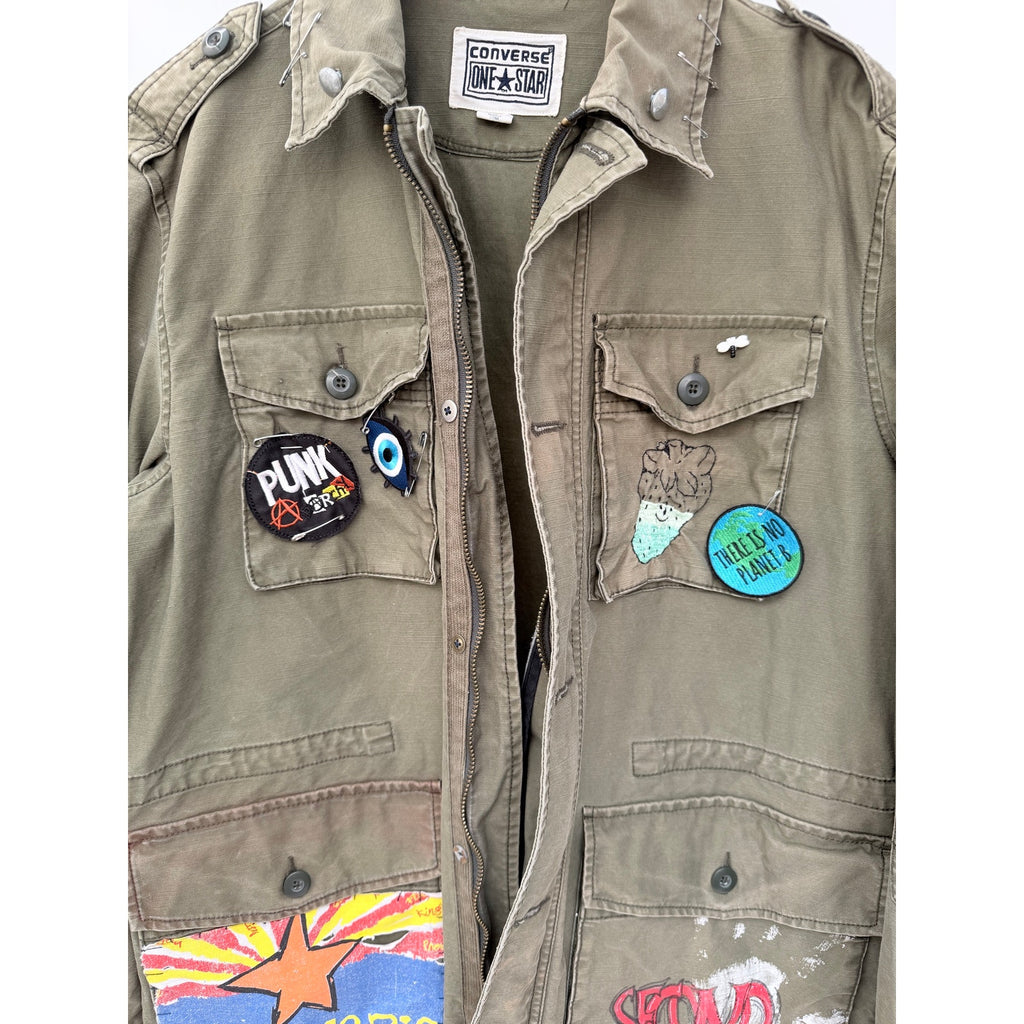 Converse One Star Custom Military Jacket Mens Medium Green Punk Patch Coat