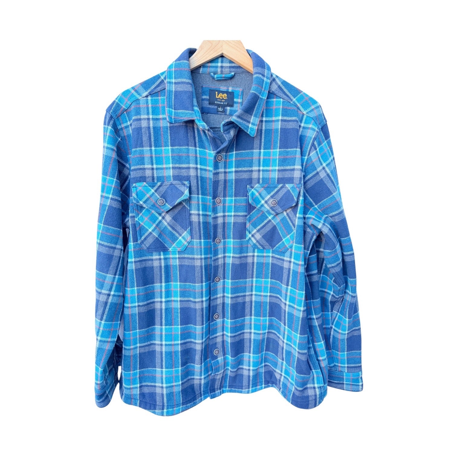 Lee Regular Fit Flannel Shirt Mens Large Blue Plaid Button Down Cotton