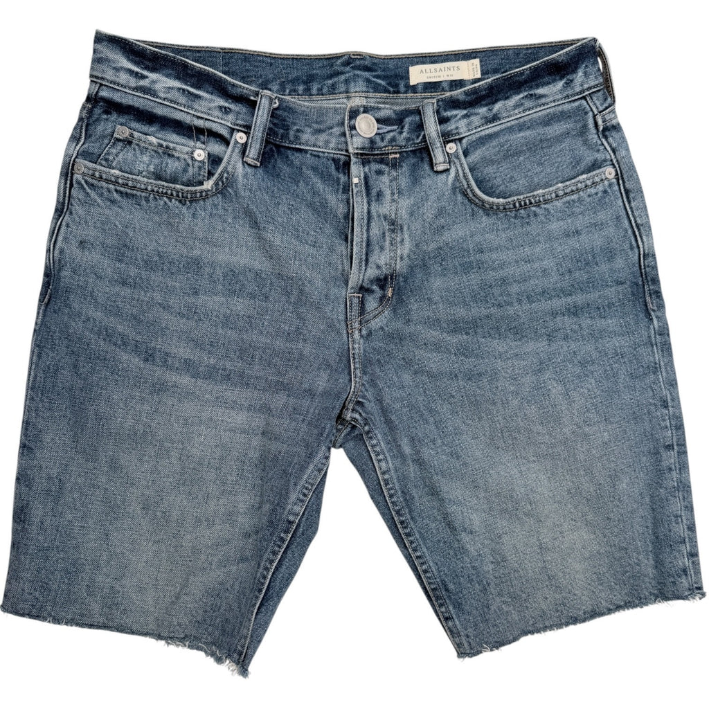 AllSaints Switch Denim Shorts Mens 31 Blue Button Fly Hem Designer Jean Shorts