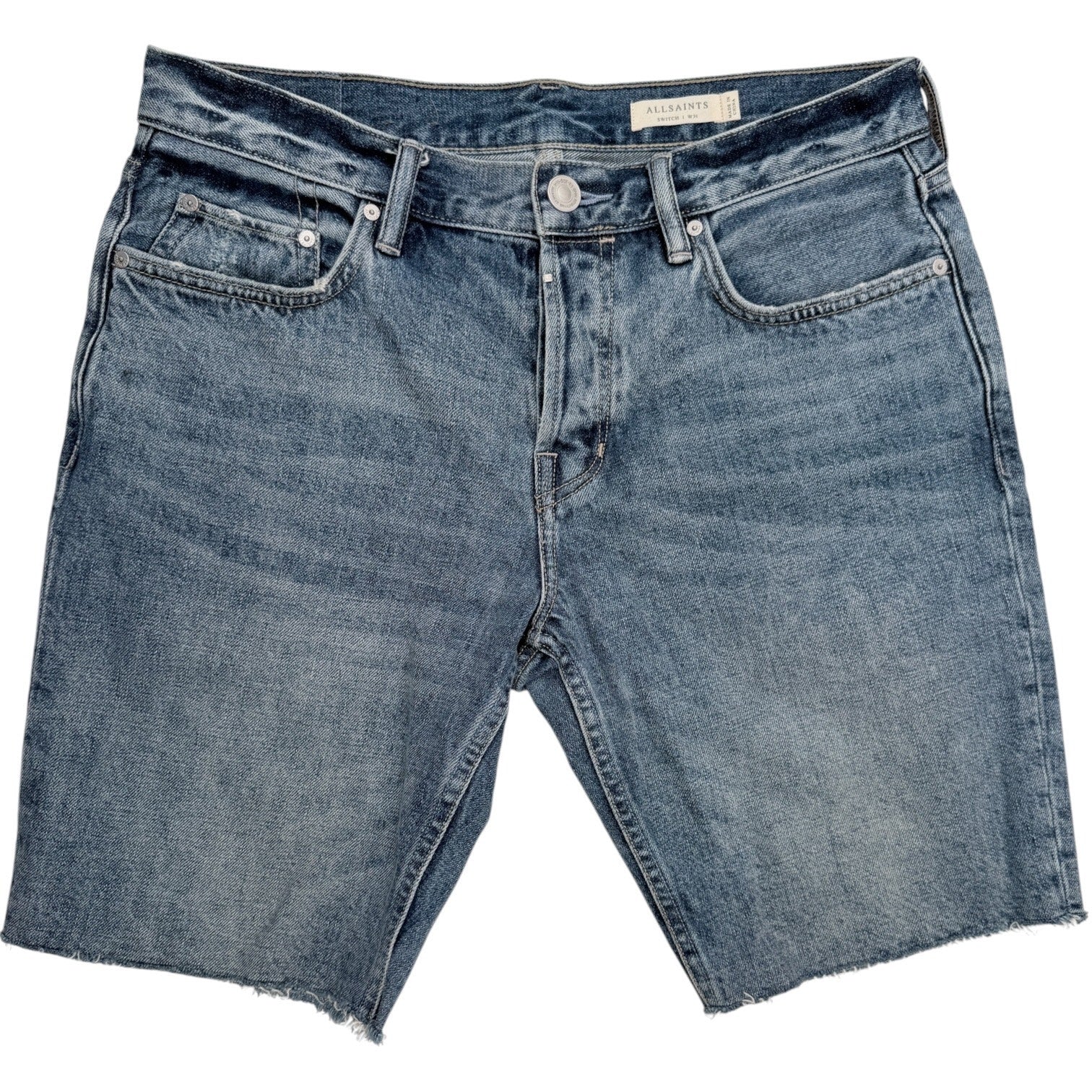 AllSaints Switch Denim Shorts Mens 31 Blue Button Fly Hem Designer Jean Shorts