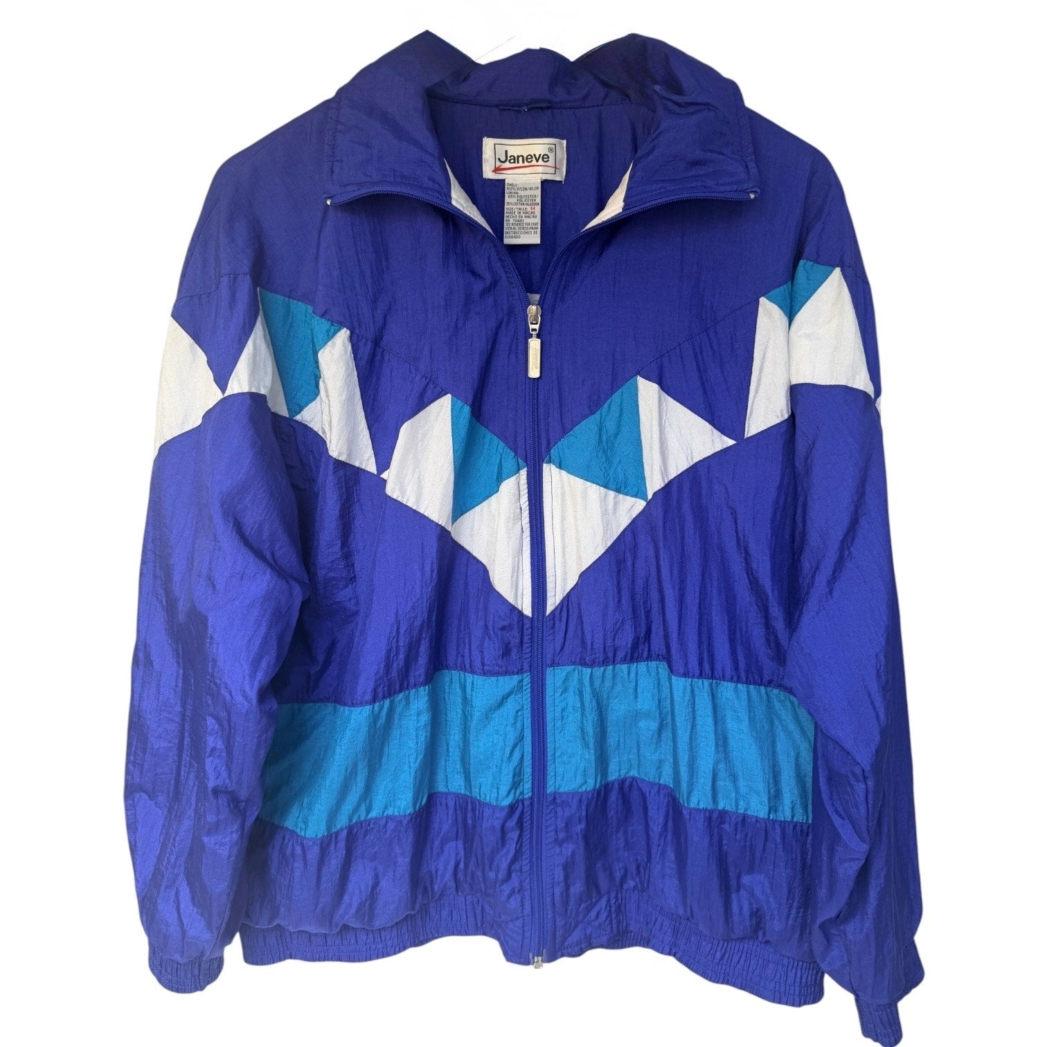 Vintage Janeve Windbreaker Jacket Womens Medium Blue Colorblock 90s Nylon Zip Up