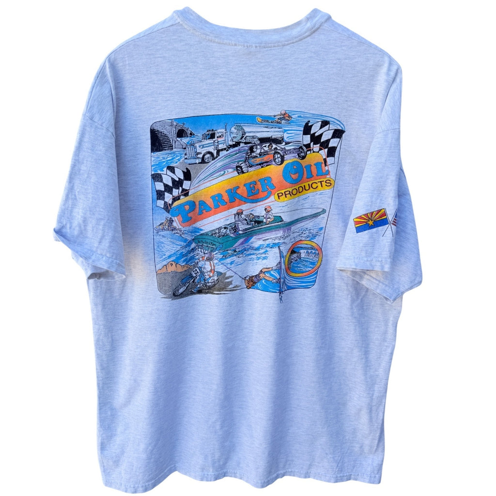 Parker Oil T Shirt Mens XL Gray Graphic Racing USA Flag
