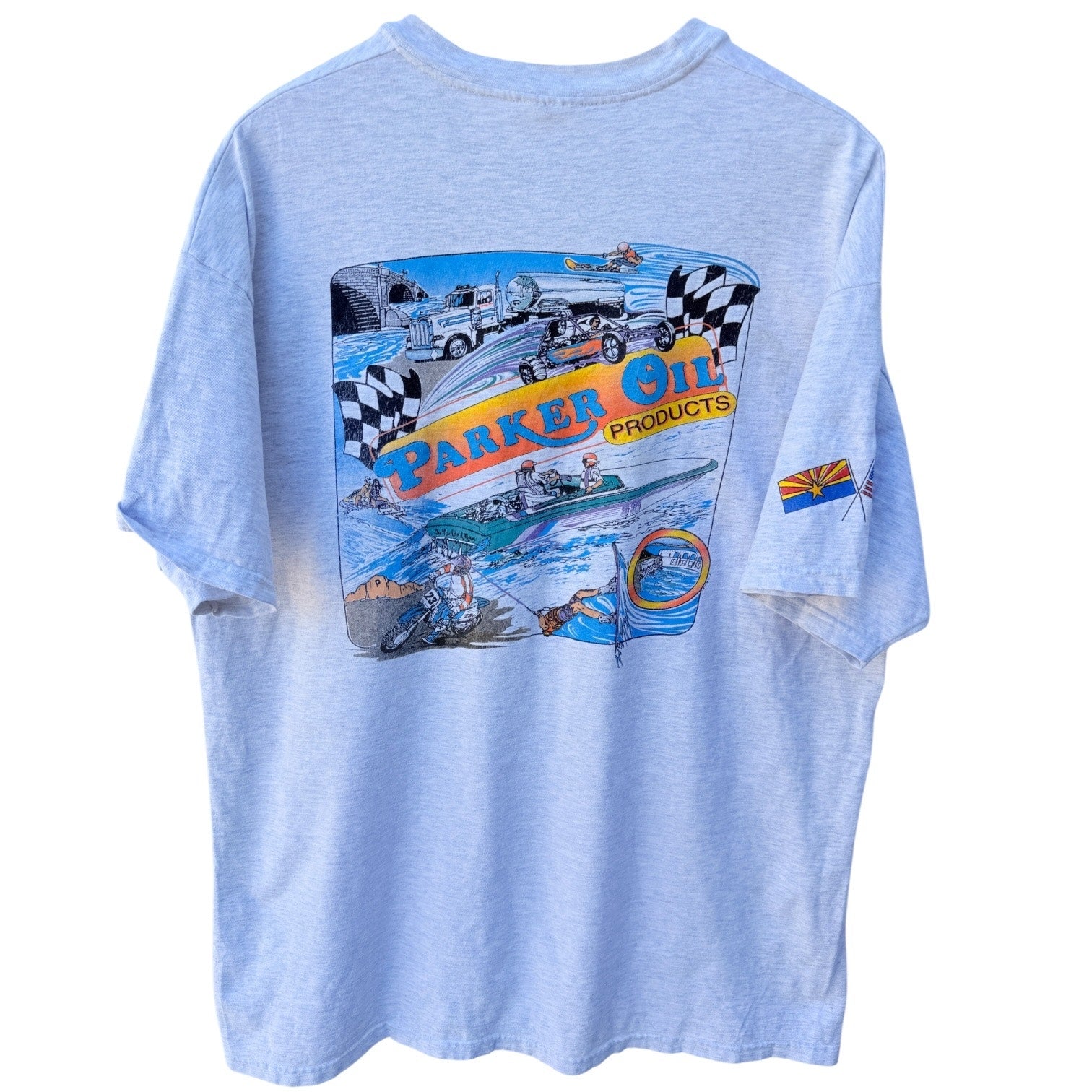 Parker Oil T Shirt Mens XL Gray Graphic Racing USA Flag