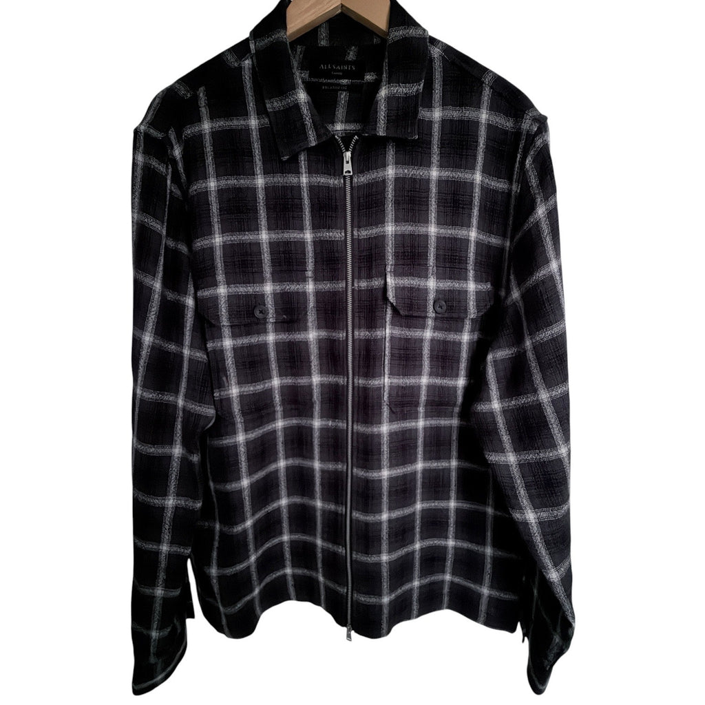 AllSaints Plaid Zip Front Overshirt Jacket Mens Large Black Gray
