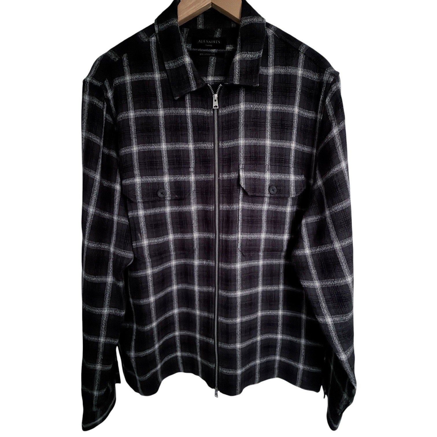AllSaints Plaid Zip Front Overshirt Jacket Mens Large Black Gray