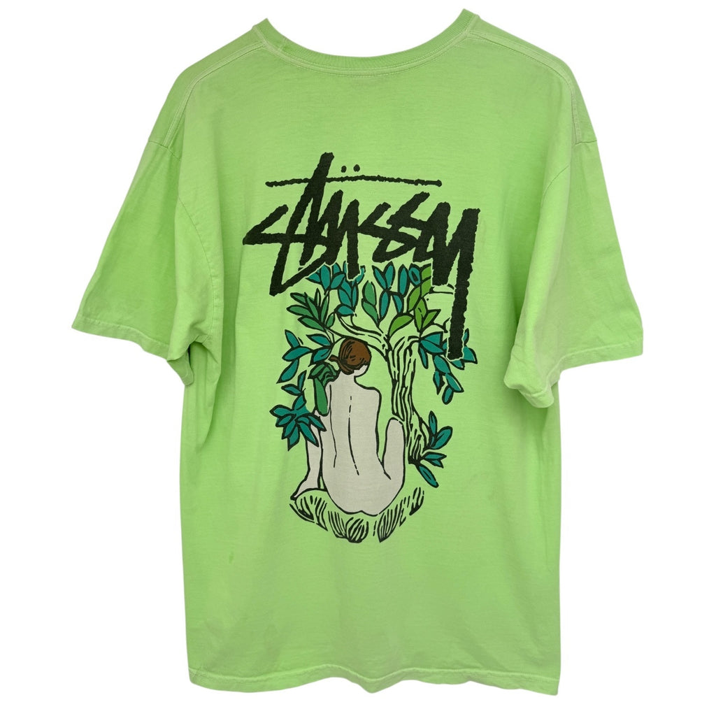 Stussy Tee Shirt Mens Large Neon Green Back Print Streetwear Made In Mexico