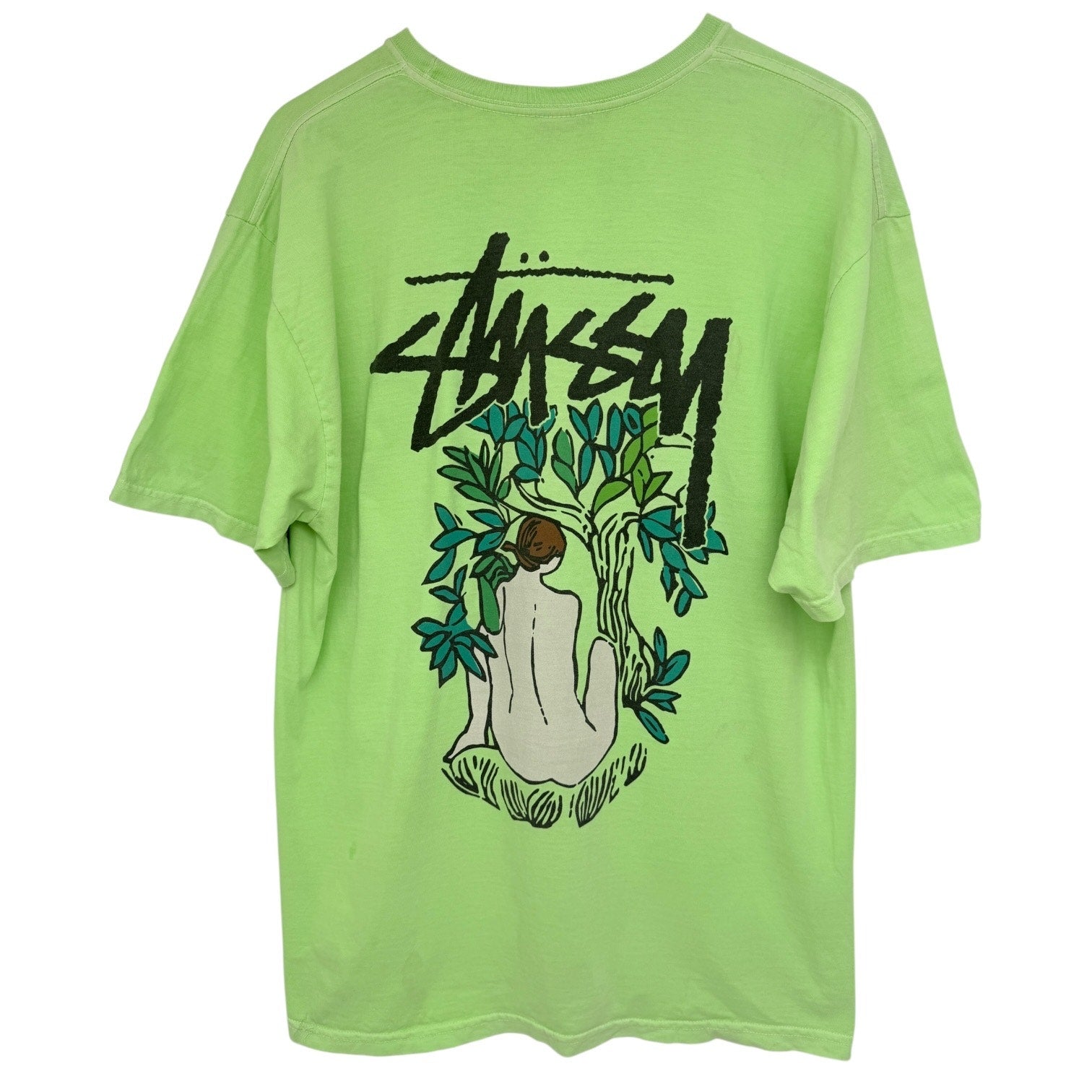 Stussy Tee Shirt Mens Large Neon Green Back Print Streetwear Made In Mexico