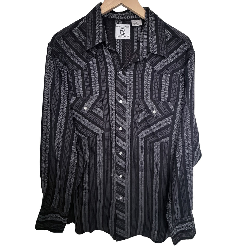Corral West Ranchwear Western Shirt Mens Large Black Gray Pearl Snap Long Sleeve