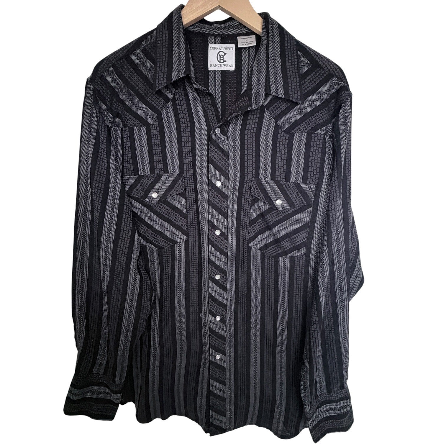 Corral West Ranchwear Western Shirt Mens Large Black Gray Pearl Snap Long Sleeve
