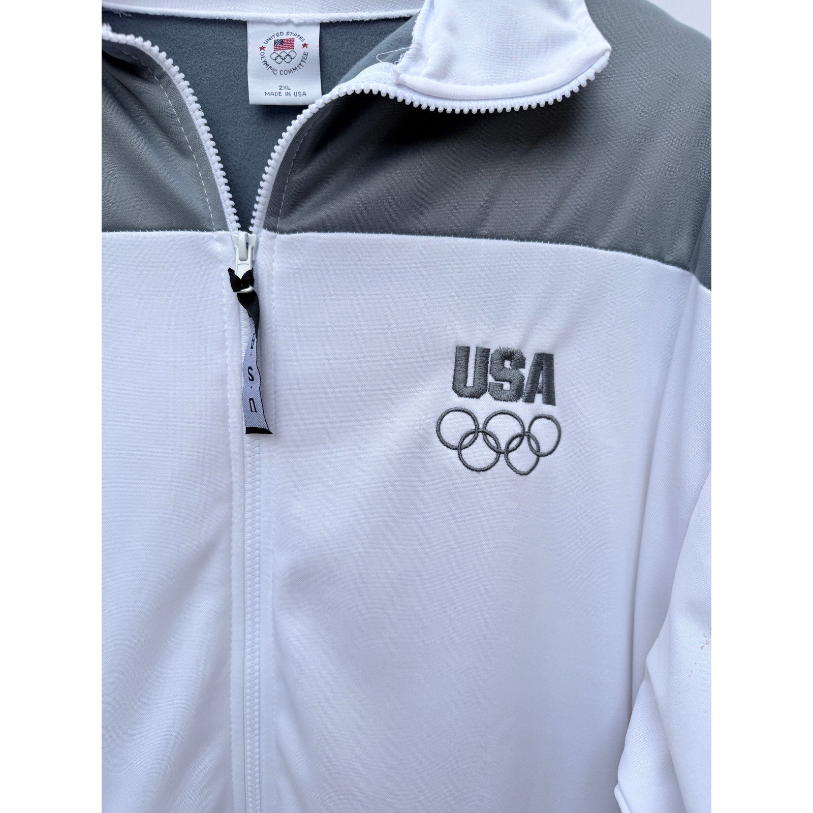 USA Olympic Team Jacket Mens 2XL White Gray Full Zip Made In USA Track Jacket