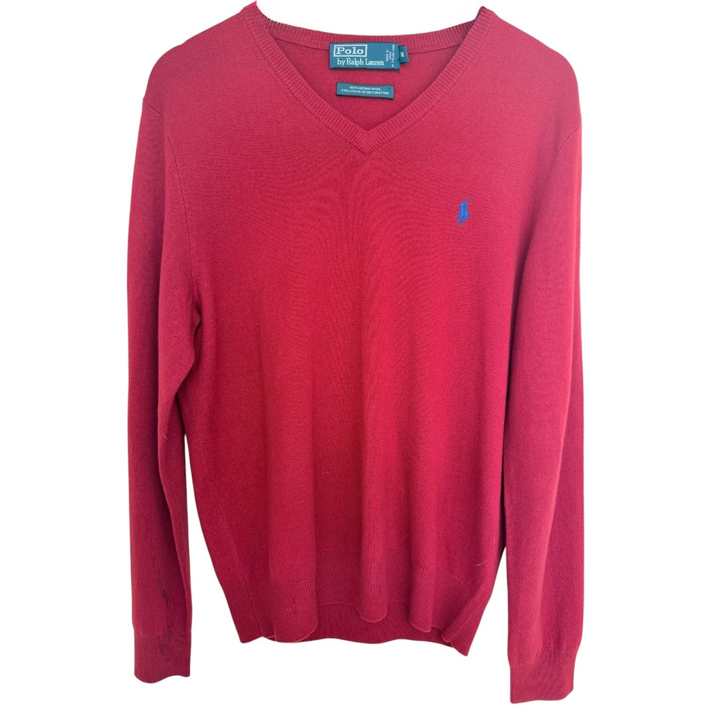 Polo Ralph Lauren Merino Wool Sweater Mens Medium Red V Neck Pony Logo