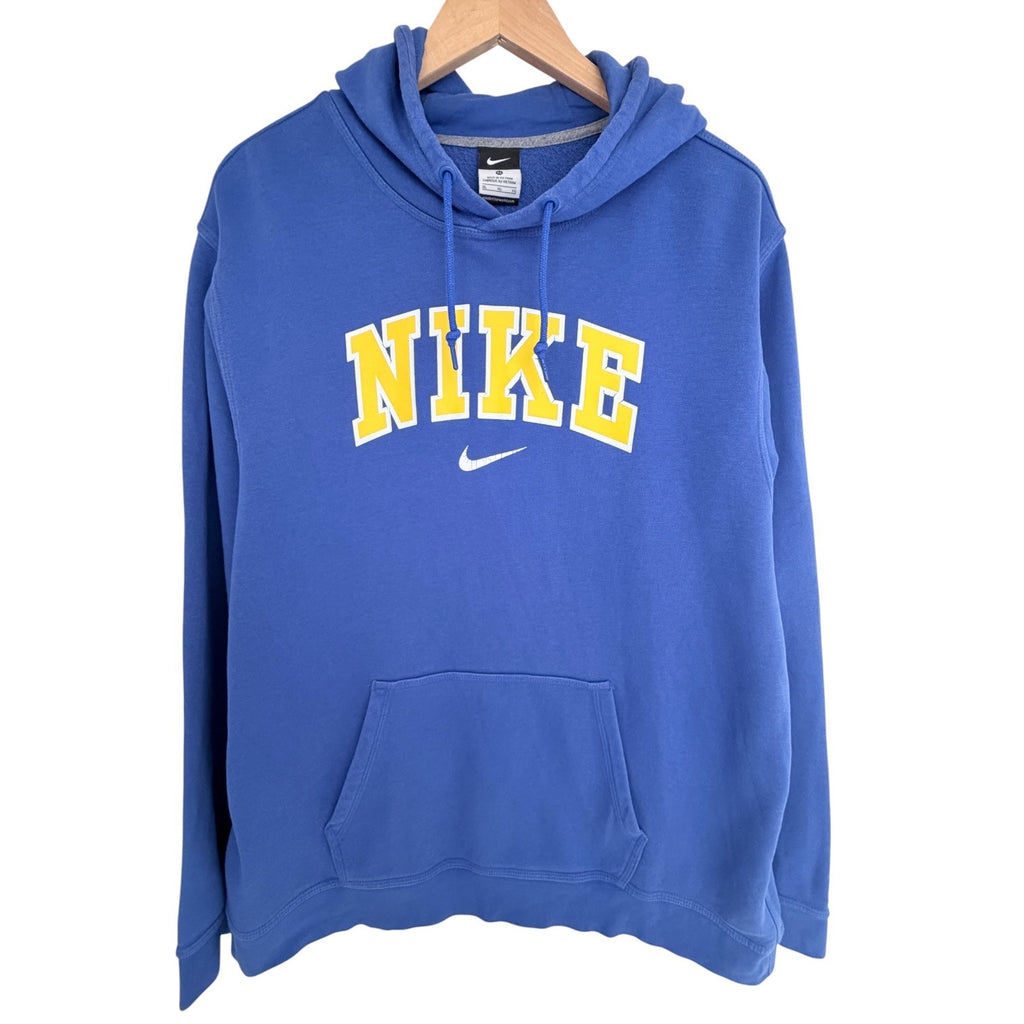 Nike Logo Hoodie Mens XL Blue Yellow Pullover Sweatshirt Athletic Fleece